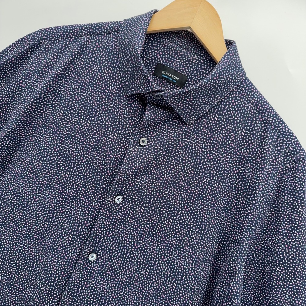 Bugatchi OoohCotton Mens XL Berry Navy Pink Tech Pixel Square Stretch Top